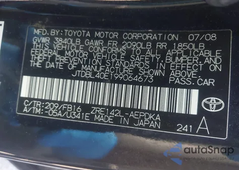 2009 Toyota Corolla Le from USA, damaged, VIN JTDBL40E199064673